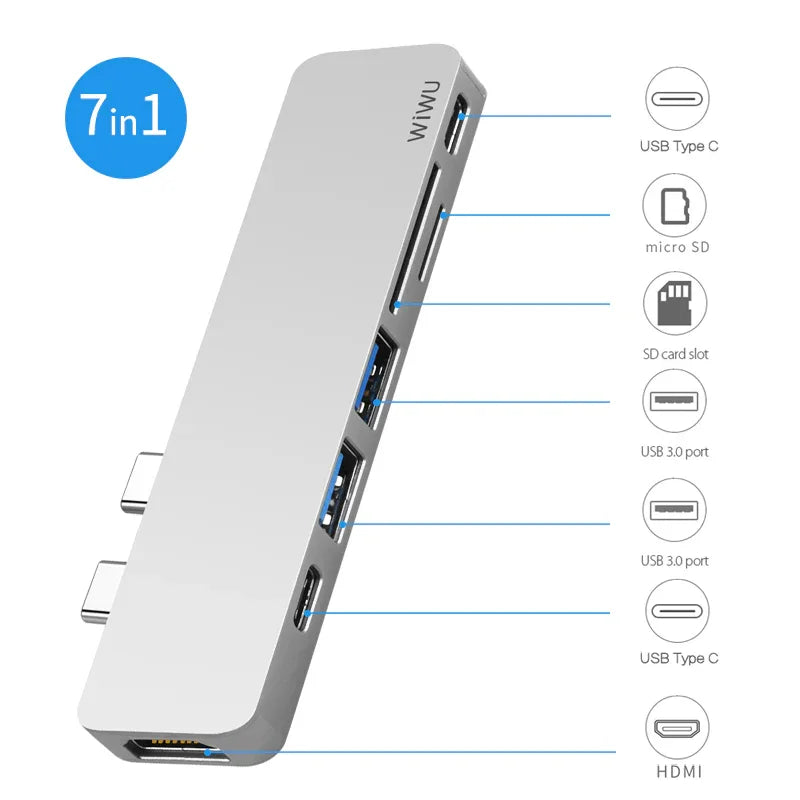 Wiwu Usb Type-C 7 In 1 Hub Aluminum Case For Macbook-T8 - Tashqila Wiwu Usb Type-C 7 In 1 Hub Aluminum Case For Macbook-T8 - Tashqila